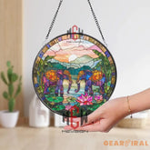 Elephant and Lotus Stained Glass Suncatcher Exotic Jungle Window Panel Colorful Round Glass Art Decor for Nature &